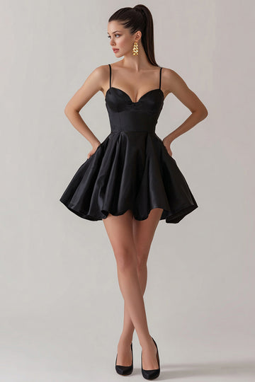 A-Line Spaghetti Straps Black Mini Dress